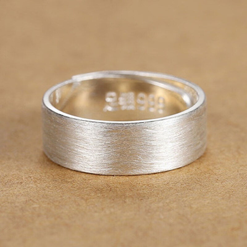 香梓丽珠宝999足银男士光面戒指开口宽素圈拉丝古法单身情侣礼物刻字