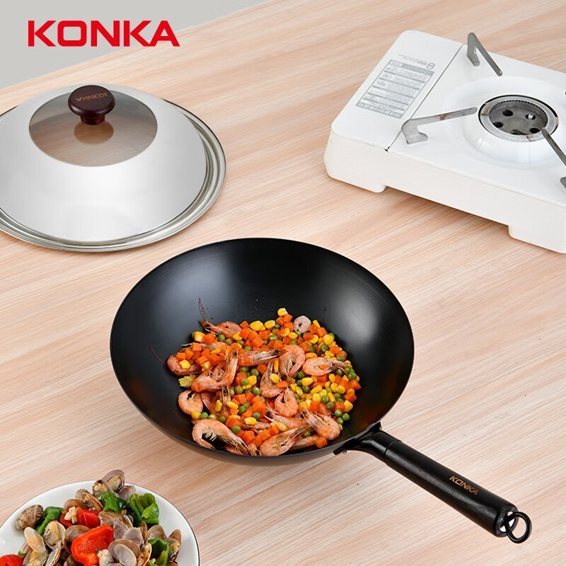 康佳（KONKA）铁锅无涂层精铁炒锅32cm家用大容量老式炒菜锅燃煤气灶通用不粘锅 【已开锅】圆底带盖盖 32cm