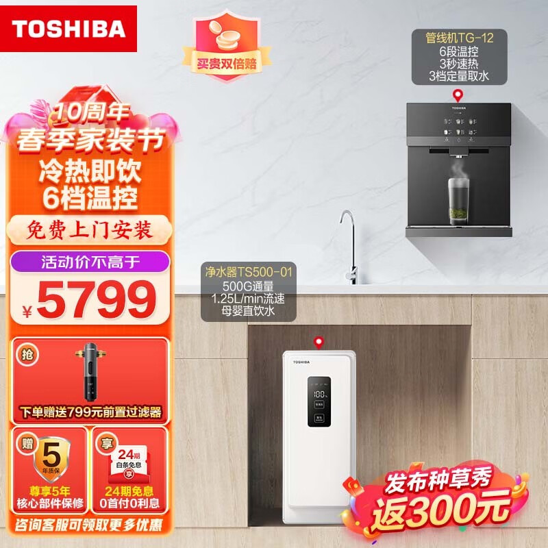 东芝（TOSHIBA）家用净水器伴侣管线机 壁挂式管线机 智能触控 6档精准控温 定量出水全通量适配壁挂式饮水机 【全屋净水两件套】TS500+管线机