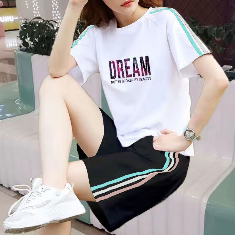 邦菲尔纯棉休闲运动服套装女夏季新款大码宽松学生短袖短裤两件套潮 单件白色三色上衣字母 4XL 建议160-180斤