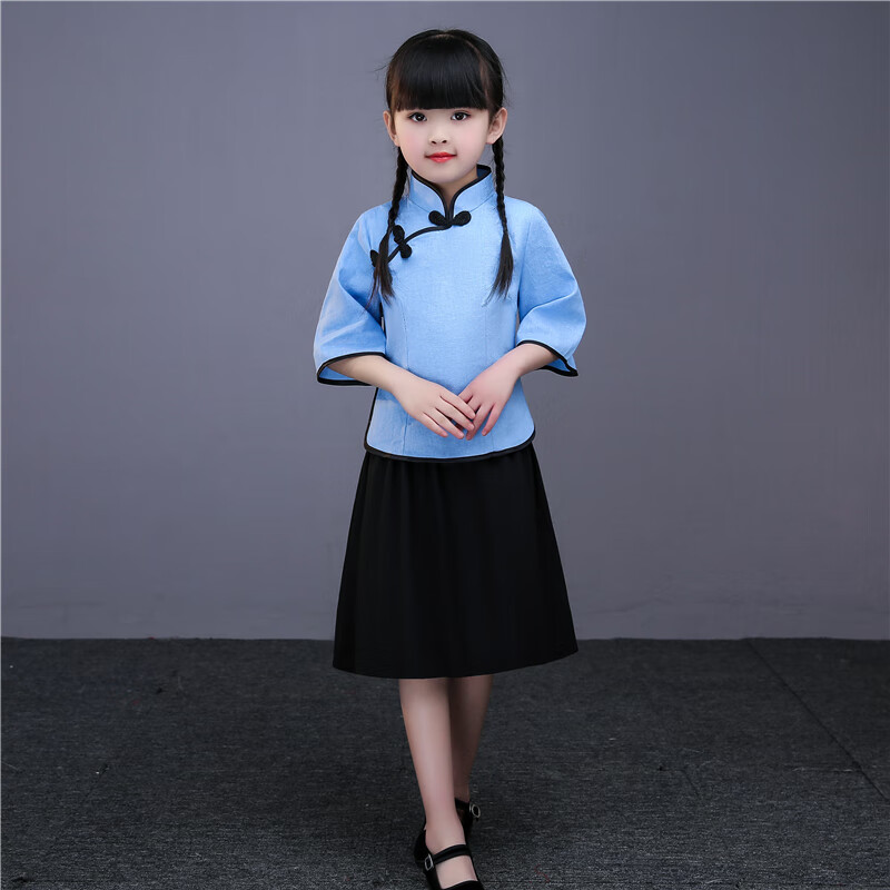 学生儿童女童民国风复古女装儿童女学生装棉麻童装演讲 蓝色 短裙袜子