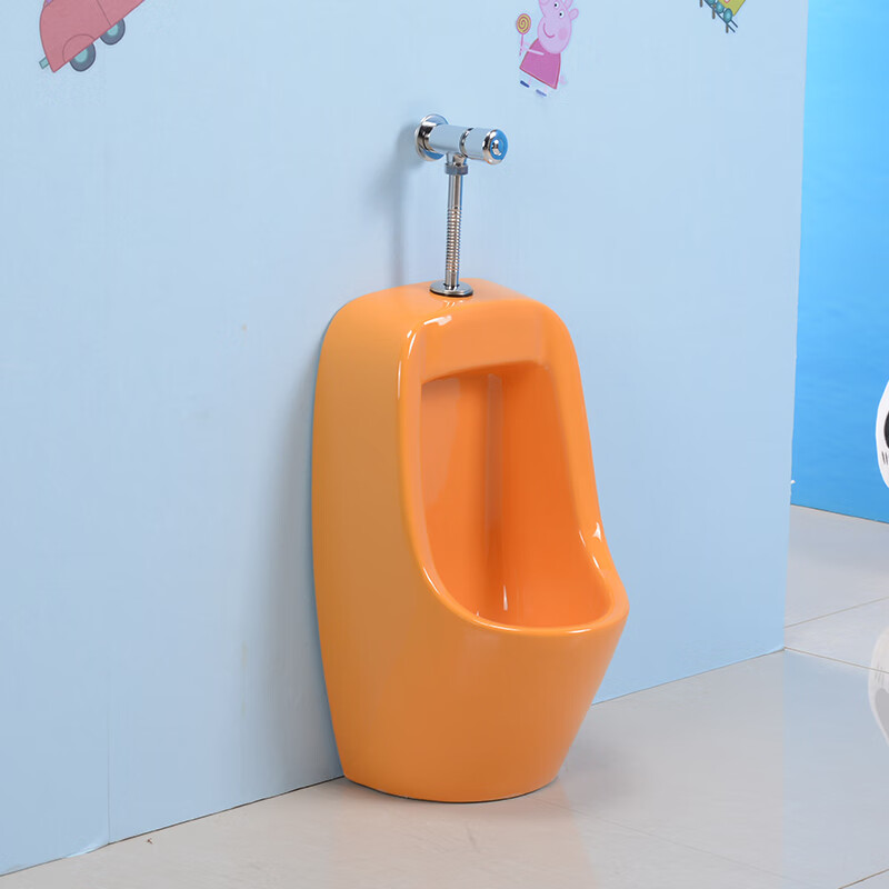 小便斗彩色小便池小便器挂墙挂式感应小朋友小便器 橙色小便斗 手按阀