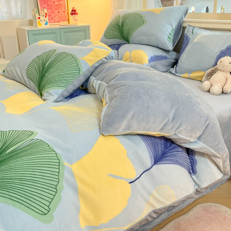 多兰诗（Duolanshi）牛奶绒四件套卡通双面加绒学生宿舍家用床单被套床上用品套件 银杏叶 1.8米 床笠款 被套200*230cm 四件套