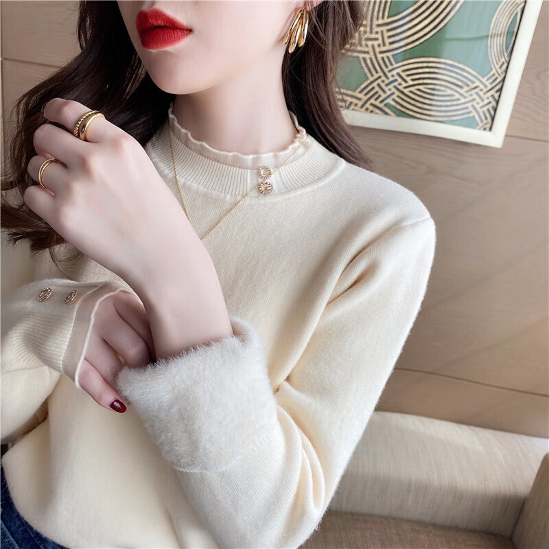 相伊恋人半高领针织衫女外穿25年百搭显瘦内搭蕾丝边打底衫加厚保暖毛衣 杏色【秋冬加绒款】 均码 【80-140斤】 京东折扣/优惠券