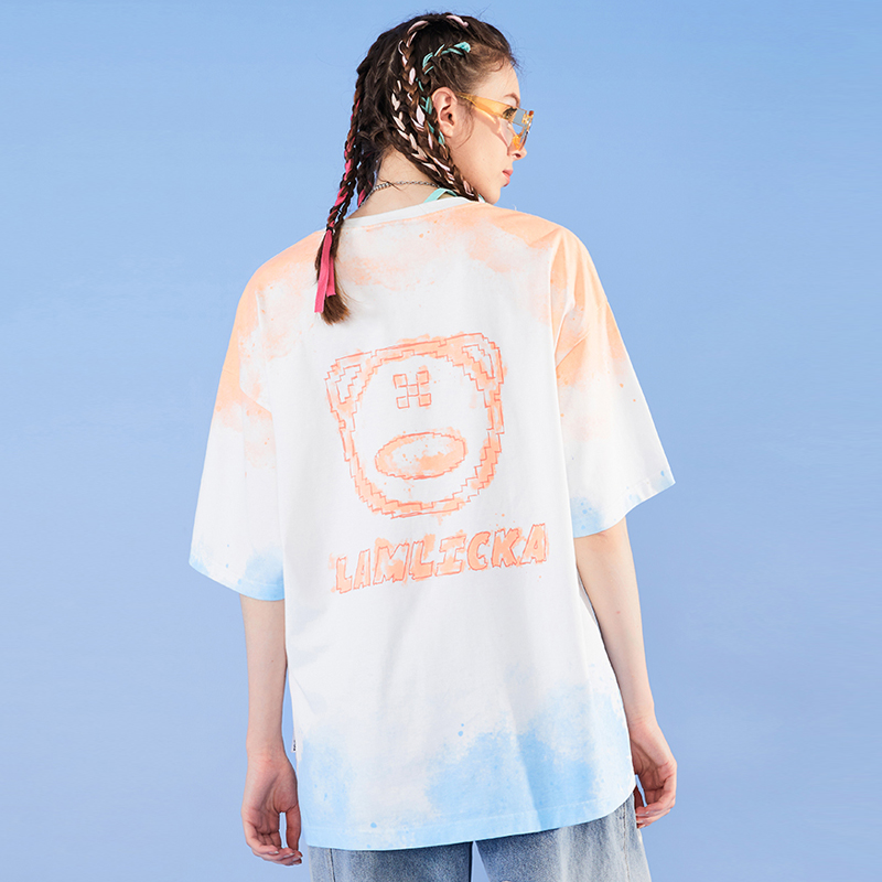 天龙致尊denon supreme短袖t恤男女潮牌ins小熊渐变扎染印花宽松嘻哈