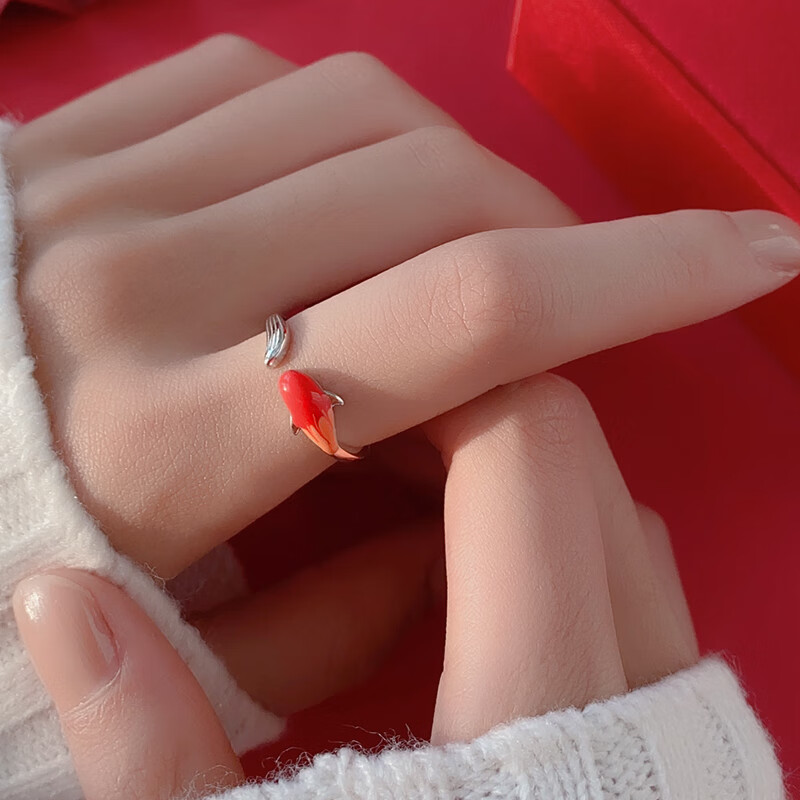 银奥(yinao)纯925银红色福运锦鲤戒指女小众设计2024年中国风开口可