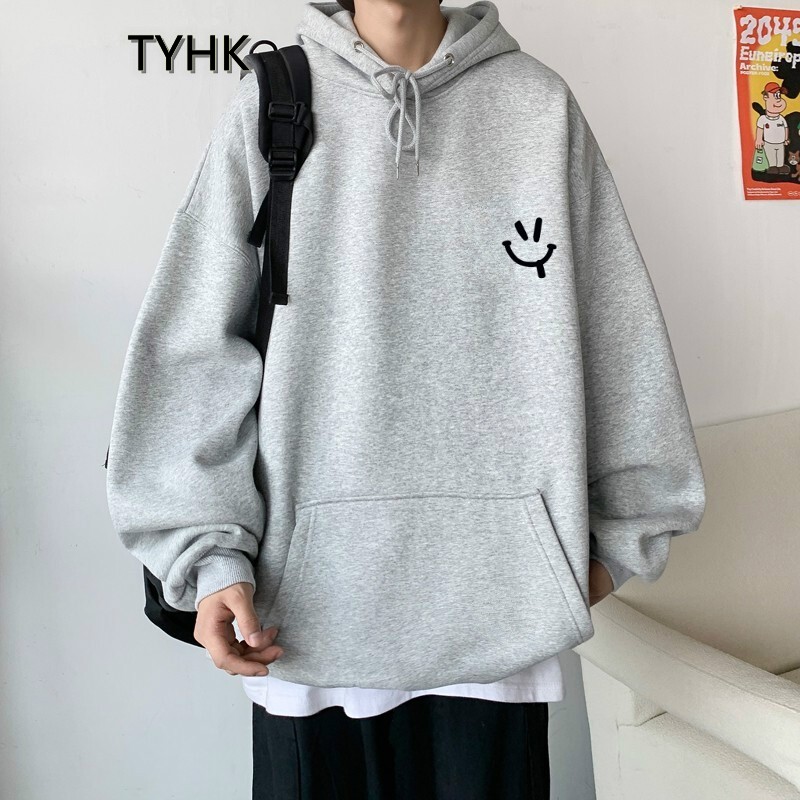 TYHK潮牌秋季套头外套男上衣街头宽松大码印花情侣bf连帽卫衣吐舌笑脸浅灰色 M（适合80-105斤）
