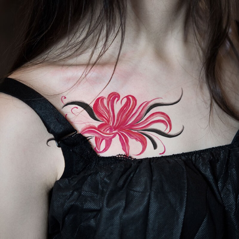哦嘻啦英文彼岸花个性防水纹身贴胸口后背女款性感仿真刺青贴纸心跳