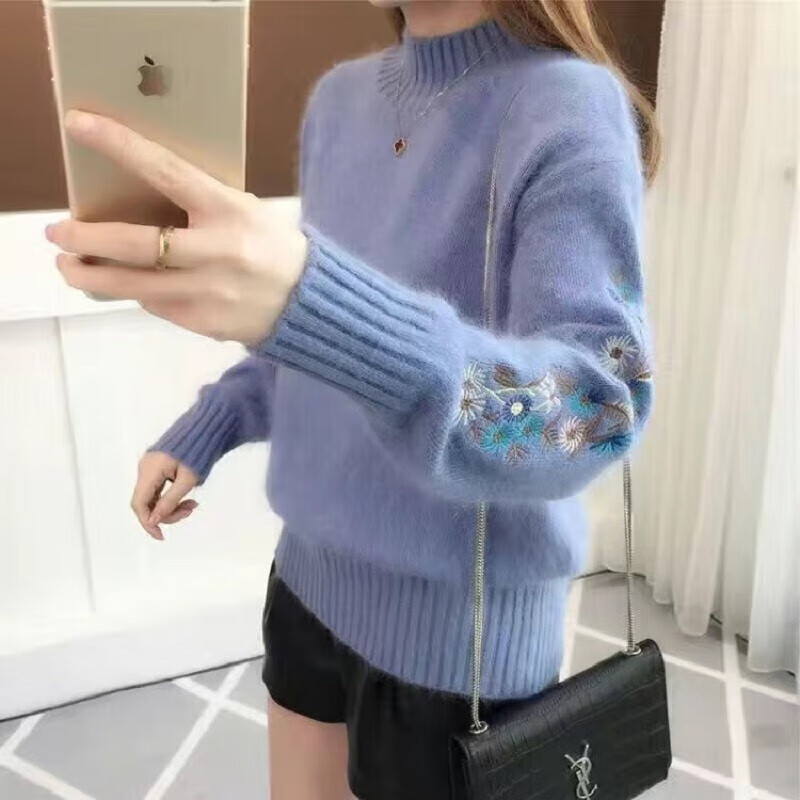 诺煦【包芯纱】半高领毛衣加厚女秋冬季短款刺绣花打底针织衫长袖 蓝色 L  建议105-115斤