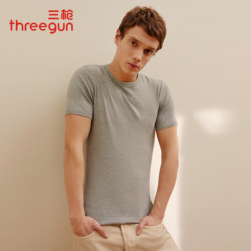 三枪老头衫纯棉短袖打底透气运动汗衫内衣中老年t恤男打底衫 浅麻灰 l