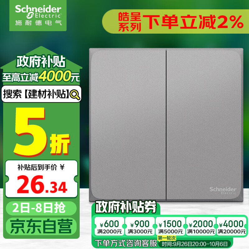 施耐德电气双开单控开关 86型二开开关面板暗装墙壁电源开关 皓呈 薄雾灰色