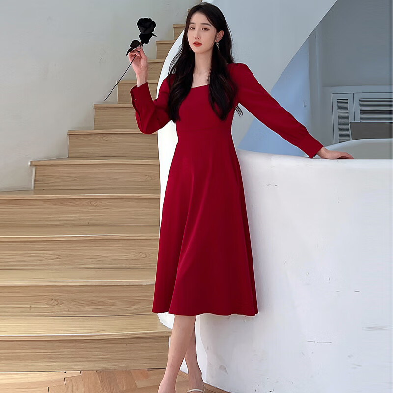 铂朗尼奥 订婚服装情侣高级感回门红色方领连衣裙长袖敬酒服新娘礼服