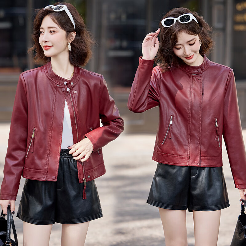 蜜凡苏女士短款皮衣真皮机车服显瘦枣红色海宁女绵羊皮夹克小个子修身