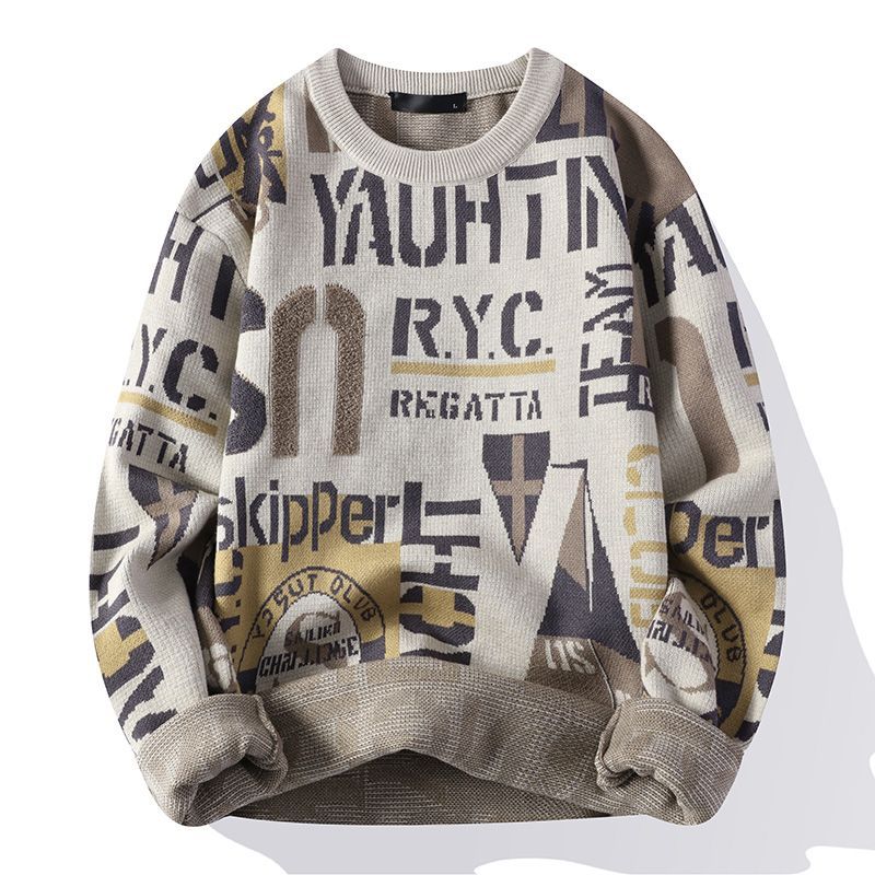 秋冬季2022新款圆领潮牌线衣服长袖体恤英伦风打底针织衫 k850-1卡其