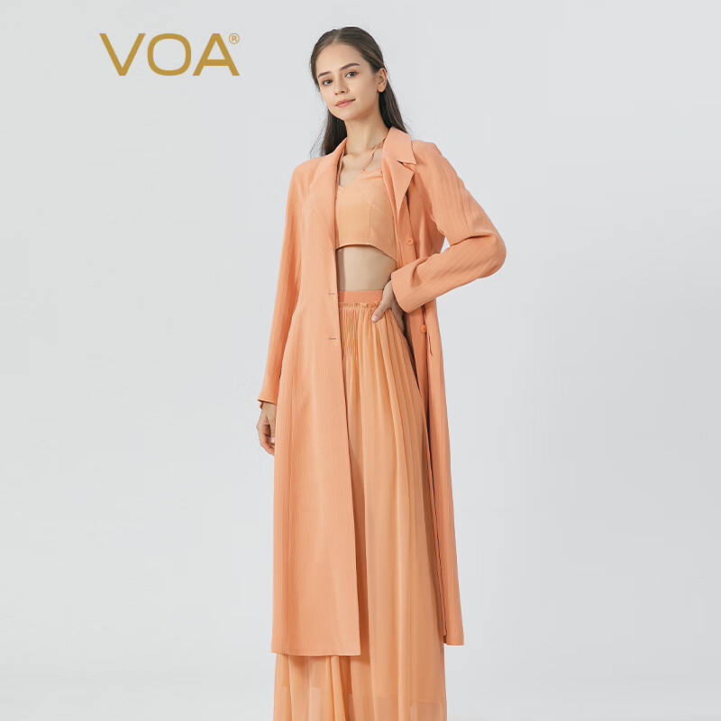 VOA杏粉色41姆米無界重磅桑蠶絲西裝領寬松通勤真絲風衣外套 FE336 條紋新粉（F54） 160/M