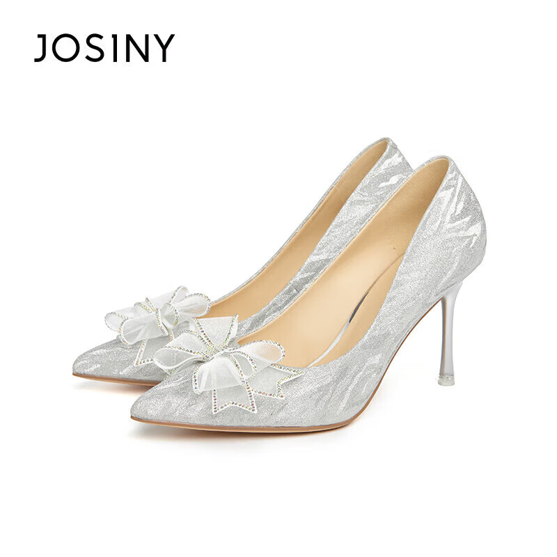 卓诗尼（Josiny）高跟鞋女时尚蝴蝶结套脚气质婚鞋尖头细跟百搭女士单鞋 银白色 37