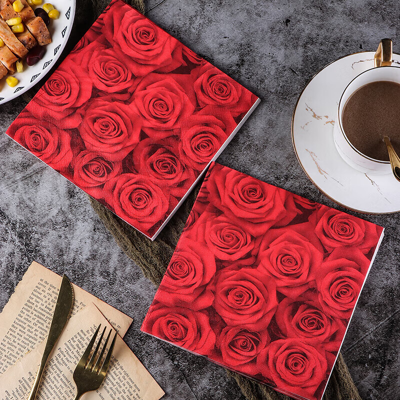 七千色大红玫瑰婚庆纸巾 酒店喜宴餐巾纸 彩色印花纯木浆纸20张