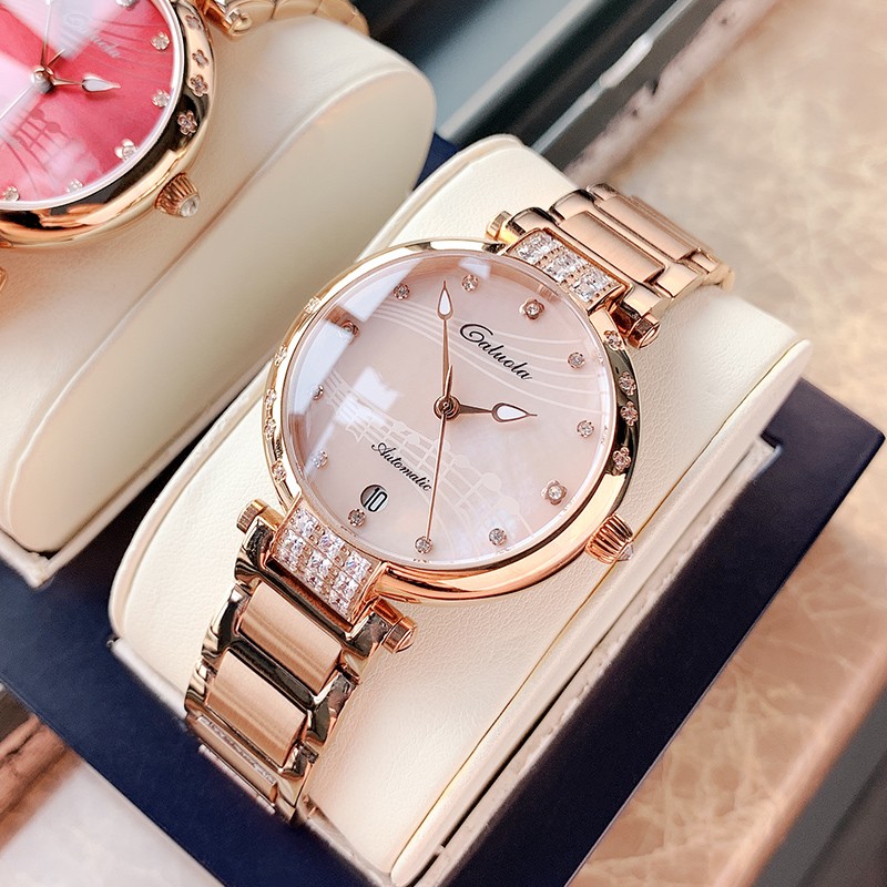 卡罗莱(caluola)女士手表女款机械表全自动防水镶钻音符腕表 金粉 ca