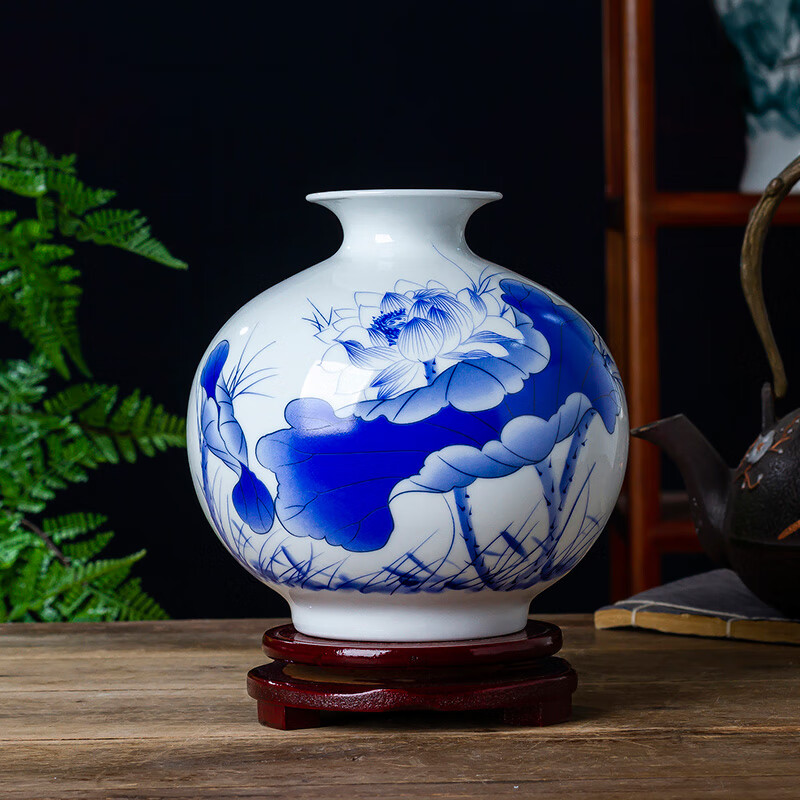 甜奈青花瓷景德鎮(zhèn)陶瓷石榴小花瓶插花中式客廳家居裝飾品瓷器工藝擺件 青花荷趣+旋轉(zhuǎn)底座