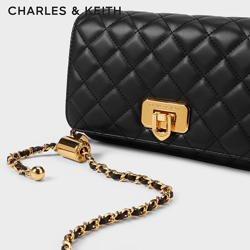 CHARLES&KEITH经典菱格链条小方单肩斜挎包包女包生日礼物女CK2-70160131 Black黑色 S
