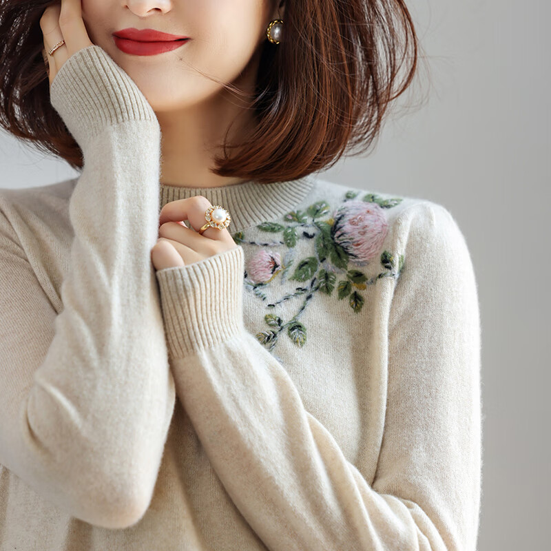 素丝五祁立体羊绒纱线绣花毛衣 半高领气质羊绒衫 保暖针织上衣女 SY3857 本色254 XL