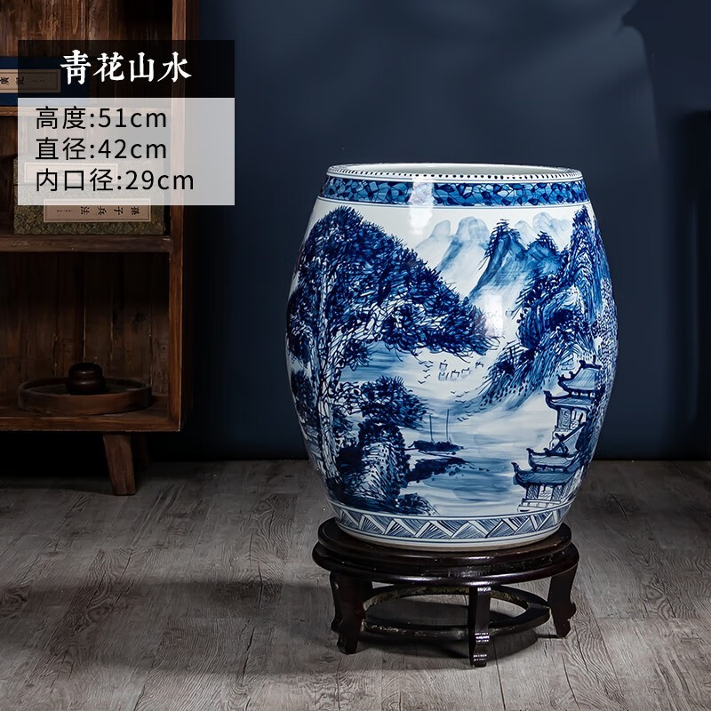 画缸书画桶 客厅 新中式花瓶储物罐装饰品 青花瓷大口径卷轴水缸摆件