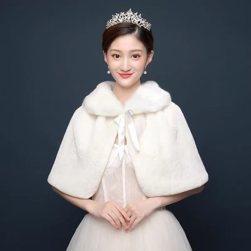 星垂曉霧披肩女外搭秋冬保暖毛披肩2024新款新娘婚紗頭紗婚紗禮服配件熱銷 白色均碼【80-128斤】