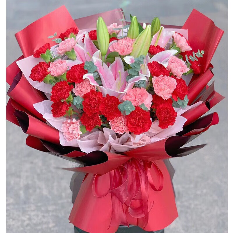 百合玫瑰老婆女友妈妈长辈生日花束礼物花店送 百合康乃馨混搭花束