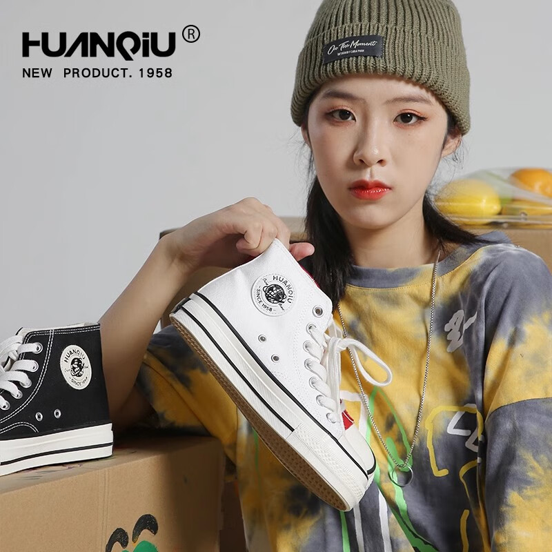 环球女鞋帆布鞋女鞋高帮2025新款夏季透气轻便学生小白鞋低帮黑色板鞋 经典黑色-高帮 38