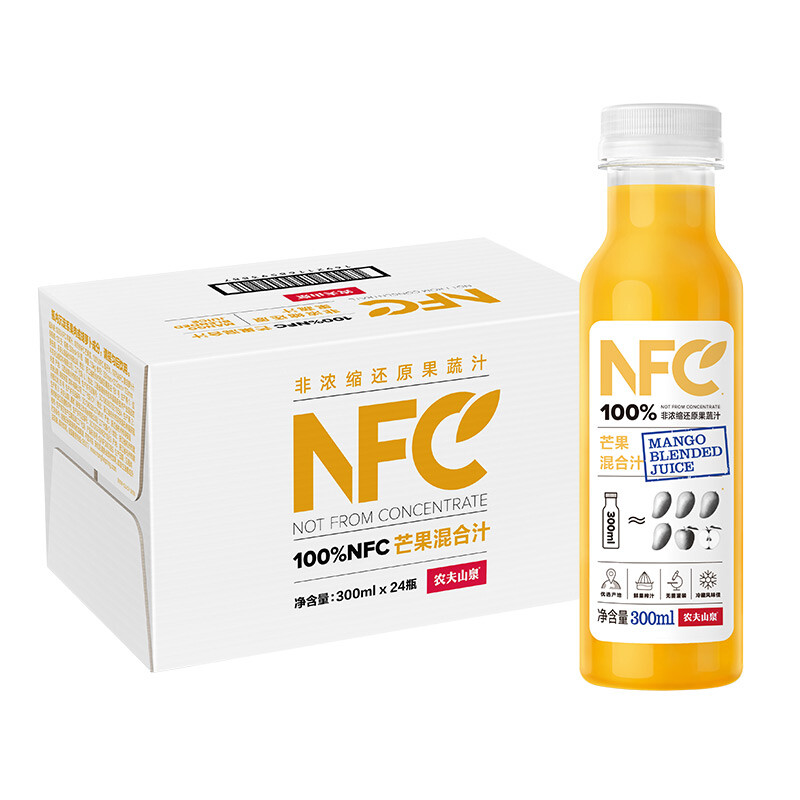 农夫山泉 100%nfc NFC果汁橙汁苹果芒果汁300ml 混合口味果汁鲜果冷压榨饮料 芒果混合汁300ml*24瓶