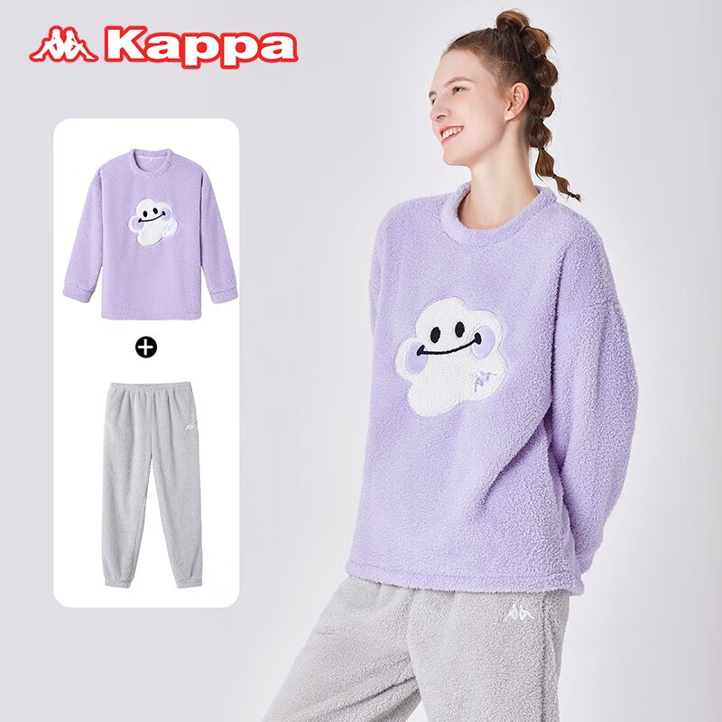 KAPPA卡帕睡衣女秋冬新款米粒绒加厚保暖套头笑脸可外穿女士家居服套装 紫色 L 建议(105-120斤)
