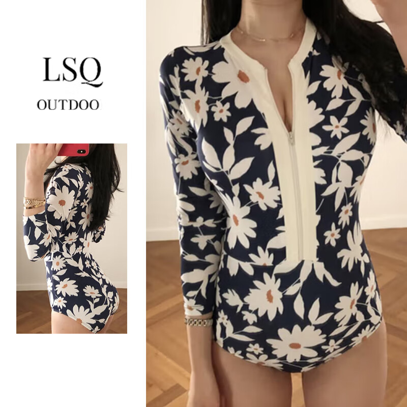 安与·洛施琪 网红潜水服度假潜水拍照防晒长袖泳衣女紧身速干冲浪水母衣泳装 花色1 XL ( 建议115-125斤 )