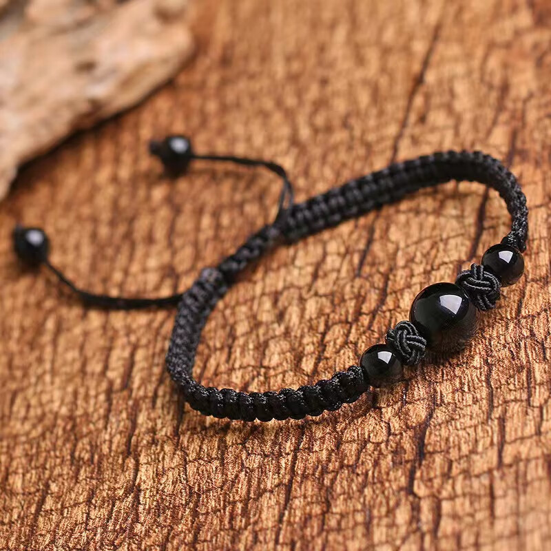 惜蕊黑曜石红绳手链男女情侣款龙年本命年玛瑙转运珠手绳编织礼物 黑