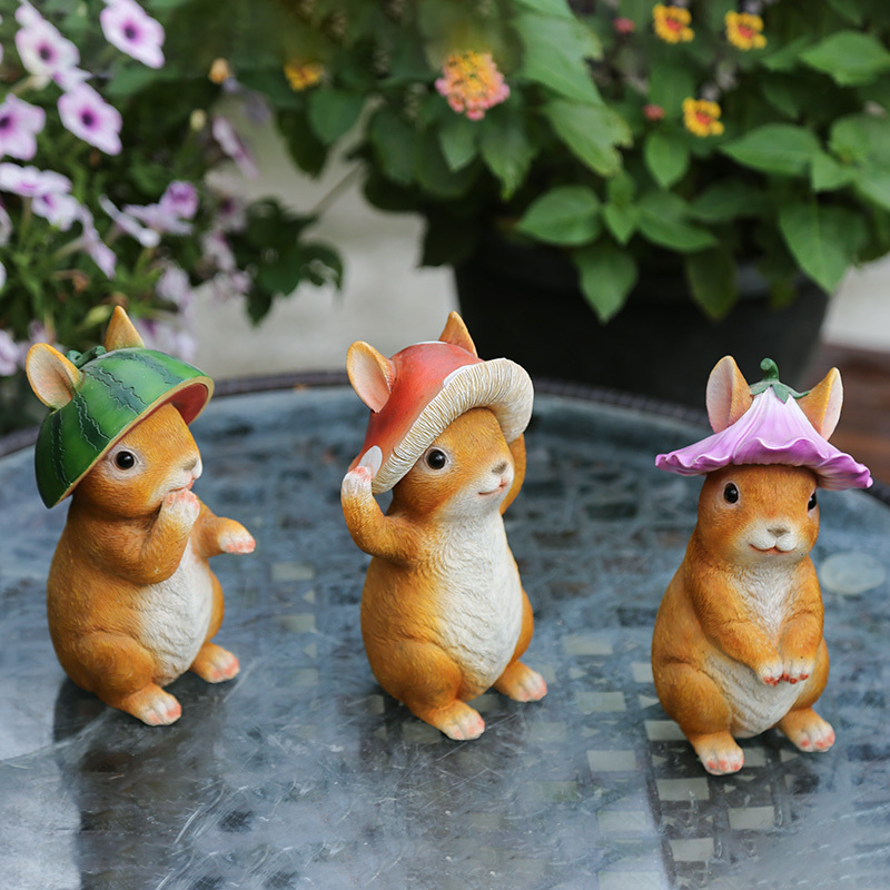 花园摆件树脂小兔子摆件创意小动物花架桌面装饰 帽子兔子一套三只