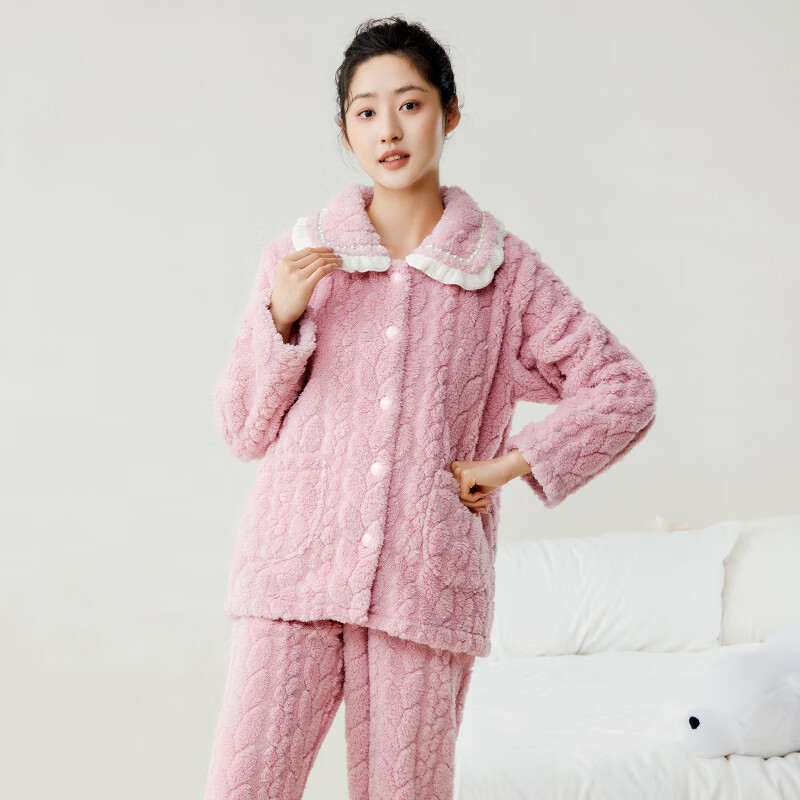 玛伦萨珊瑚绒睡衣女秋冬季新款可外穿翻领加绒加厚保暖套装家居服 灰兰 L