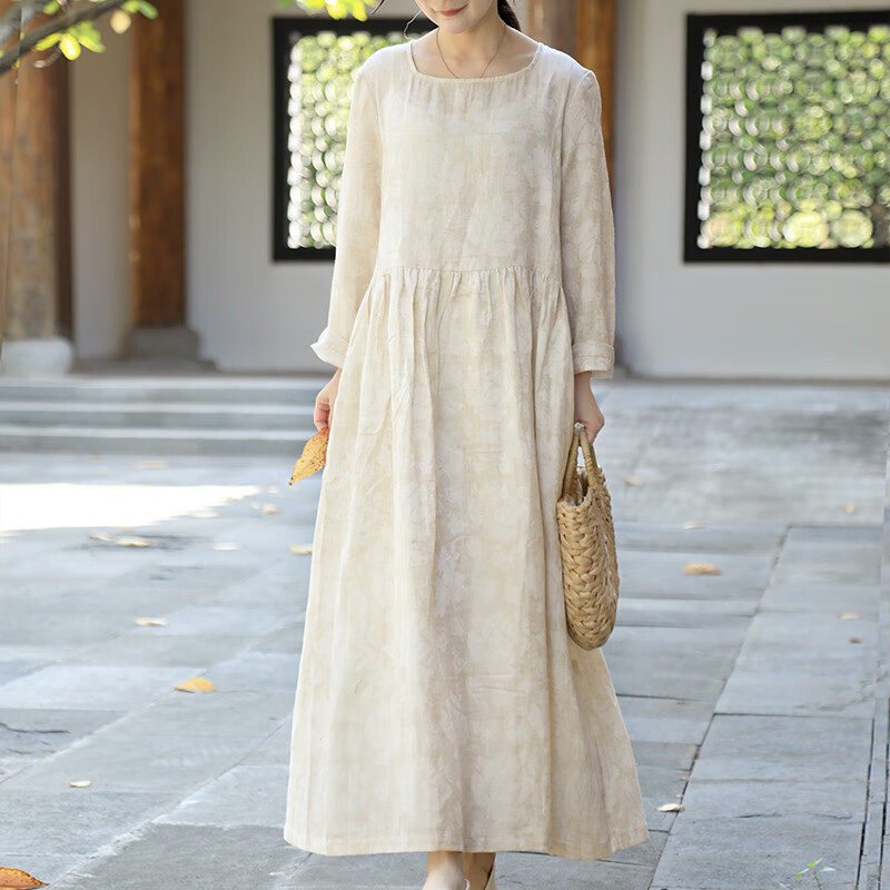 乱在江南棉麻暗纹提花连衣裙长袖2024春夏女装新款休闲简约高腰褶皱