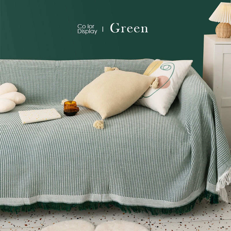 风沙发巾沙发毯盖巾棉纱沙发盖布全包全盖沙发套罩素色通用型 交织华夫格 绿（双面可用） 90*90cm只盖坐垫