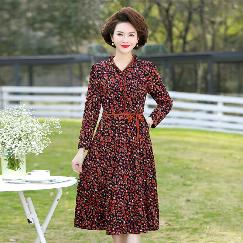 百丽驼美士 balitomms新款长袖连衣裙女春秋年新款中年岁-外穿中长裙