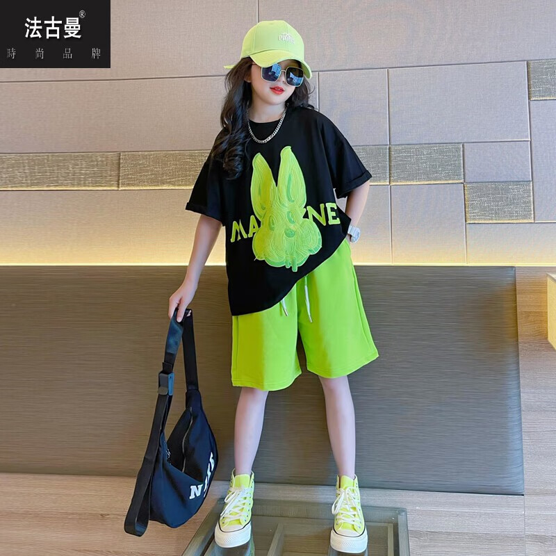 法古曼年春季季新款短袖t恤套装短裤两大女童衣服夏装洋气时髦卡通