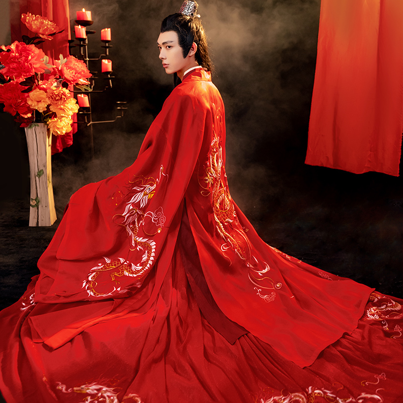 如夢霓裳相思扣如夢霓裳原創(chuàng)漢服婚服女款宋制霞披交領(lǐng)襦裙紅色 男款3件套 2XL (175)