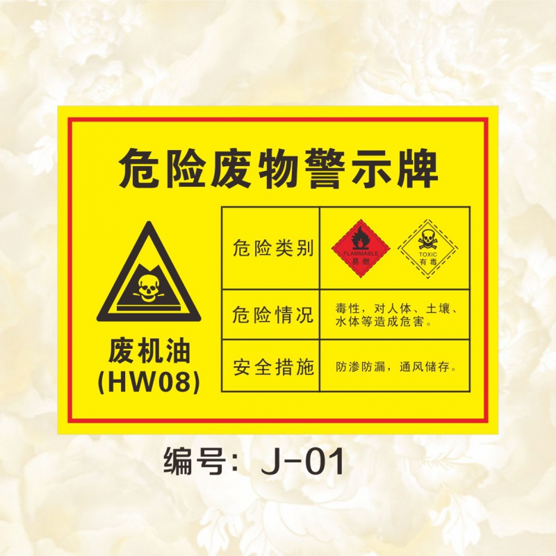 警示牌标识牌标志危险品警示贴标示牌储存间标志pvc板 j-01 废机油 30