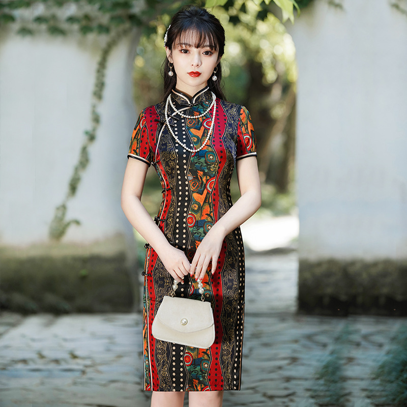 真丝旗袍高端复古夏季短款女改良日常年轻款高端气质中国风小个子旗袍