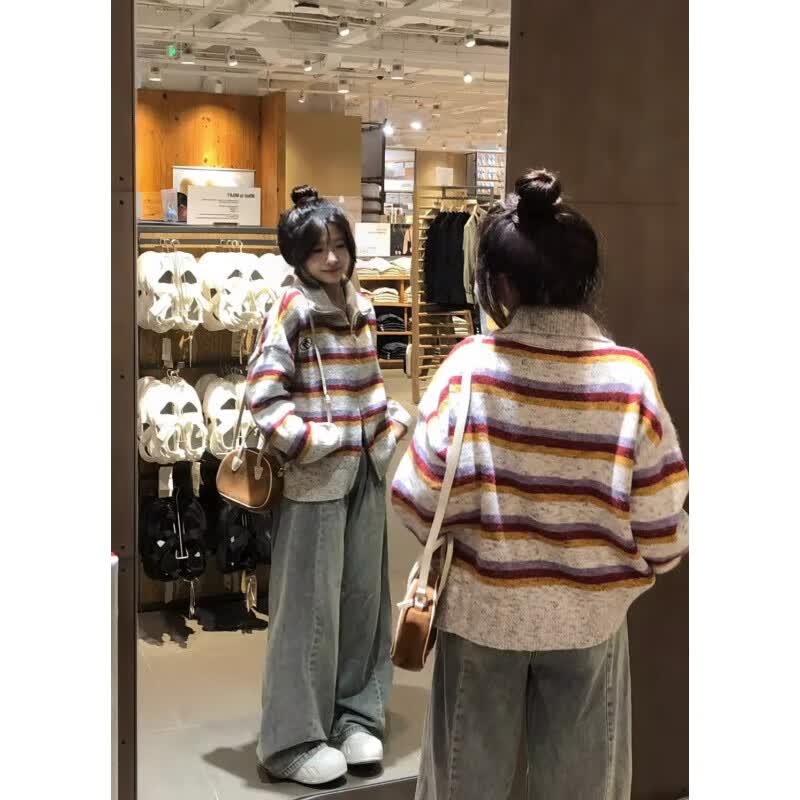 吉闲毛衣女春秋款2023新款彩虹条纹秋宽松慵懒风休闲百搭开衫秋冬外套 图片色 均码使用感如何?