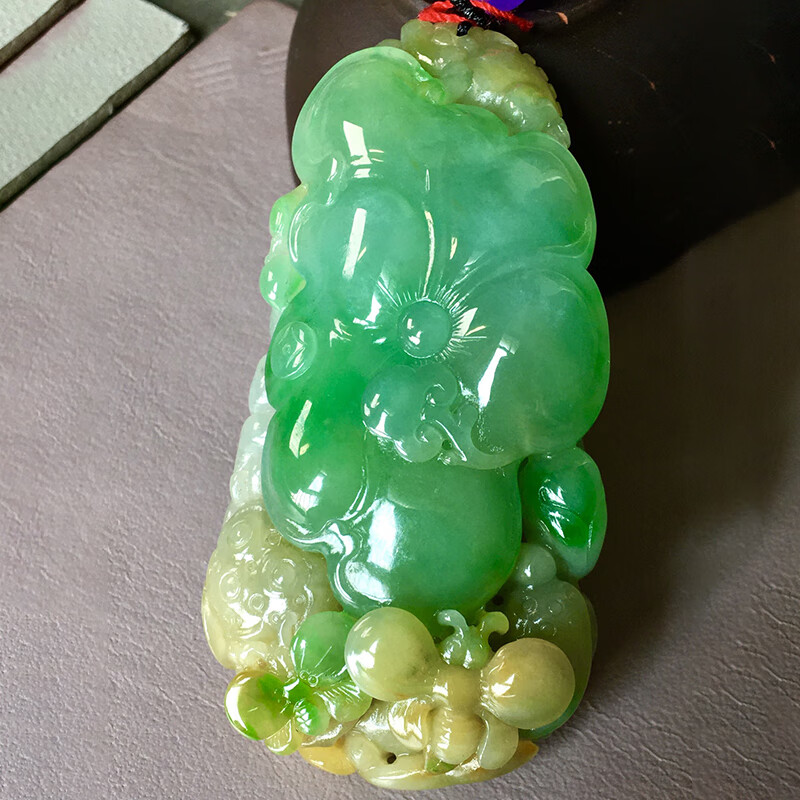 逸之璟天然缅甸老坑a货玉石雕刻冰种黄加绿荷叶吊坠女士 绿色