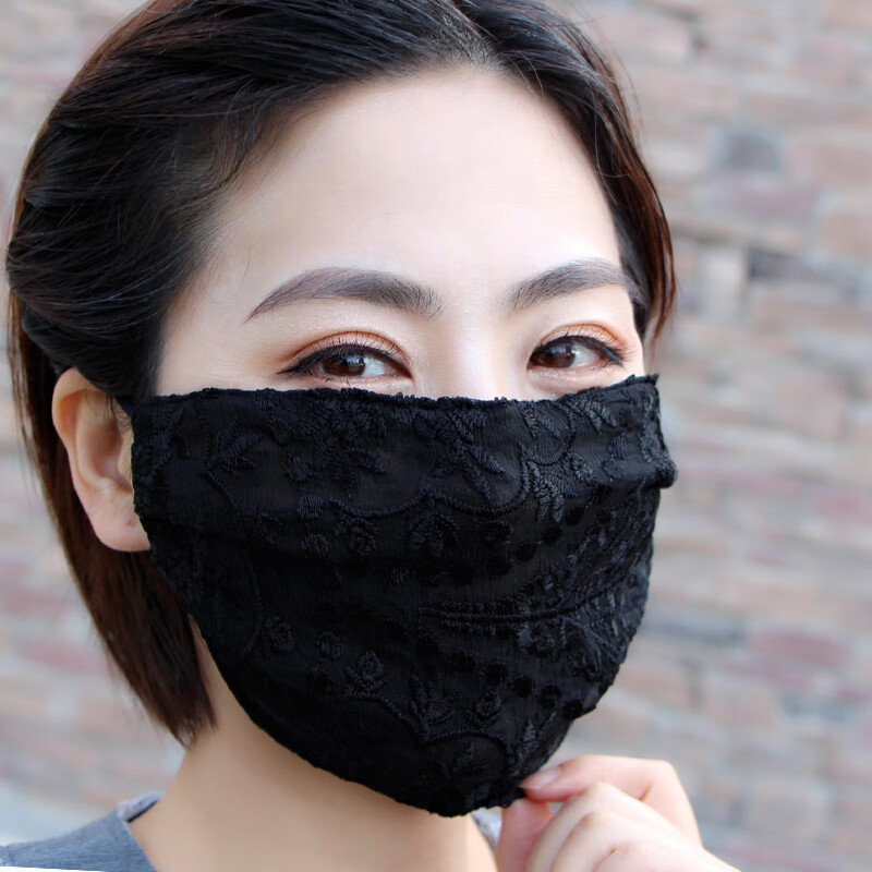 防晒防紫外线面纱夏季桑蚕丝女款真丝遮阳大面罩透气薄蕾丝口罩 蕾丝