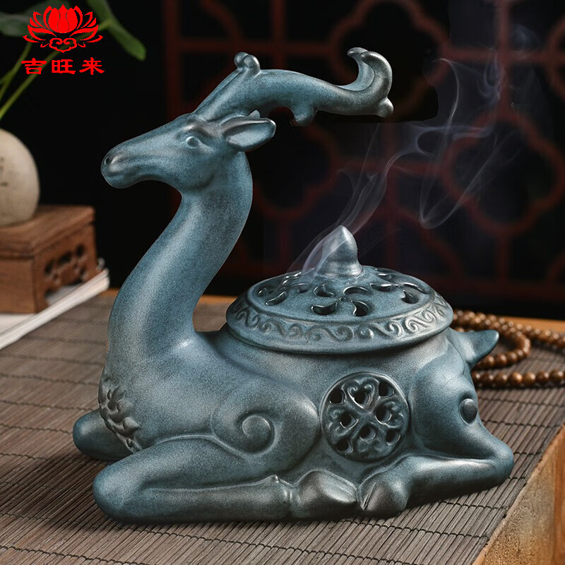 佛炉香薰檀香线香炉供奉菩萨财神沉香熏香炉呈鹿吉祥佛前摆件 蓝釉色