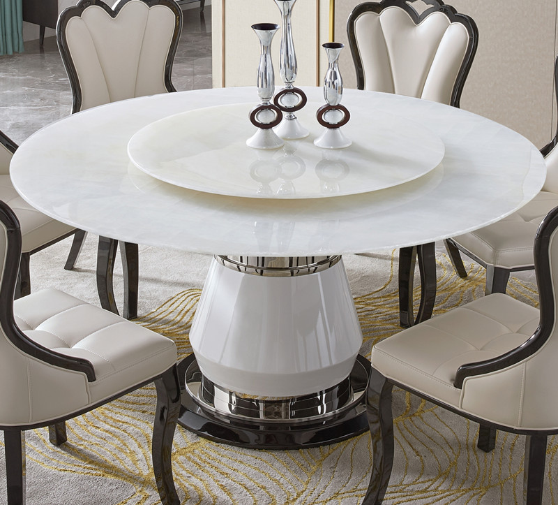 凰逅天然玉石大理石餐桌圆形简约现代家用圆桌椅组合别墅圆桌 天然