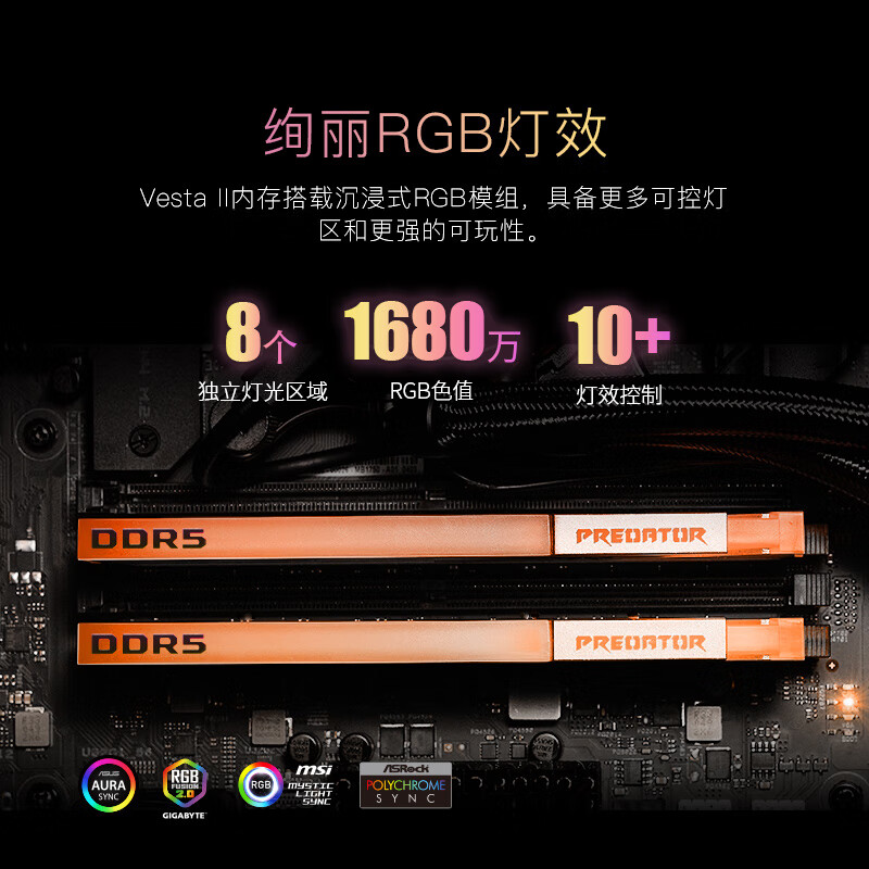 宏碁掠夺者(PREDATOR)32G(16G×2)套装 DDR5 6000频率 台式机内存条 Vesta II 炫光星舰RGB灯条(C28) 星光银 AI电脑配件