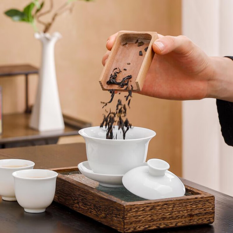 希格鲨白瓷功夫茶具套装礼盒logo定制家用羊脂玉瓷泡茶盖碗茶壶茶杯陶瓷 升级版白瓷三才盖碗板指杯套装 套