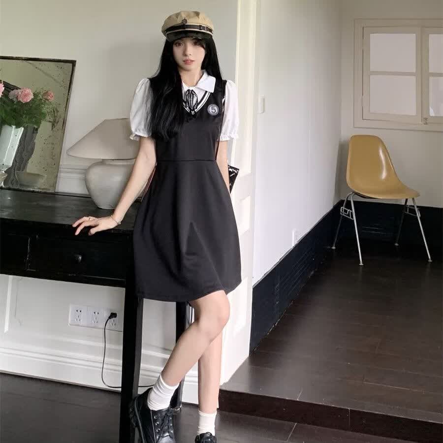 妃趣猫学生长裙夏季到脚踝高级大码夏季新款小黑裙高中生连衣裙穿搭